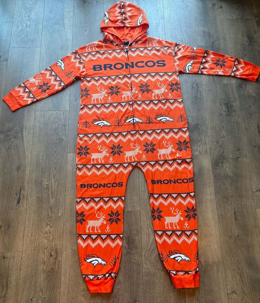 Denver Broncos NFL Team Apparel One Piece Hooded Pajamas Size Small Unisex